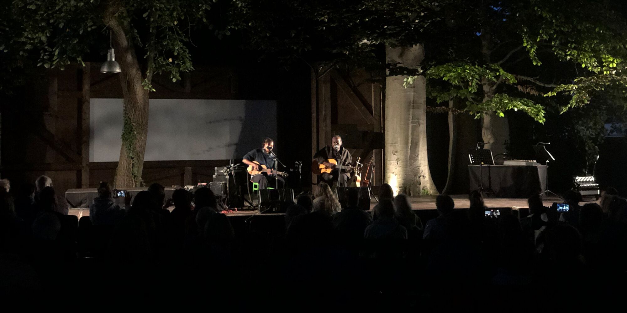 Hier sieht man Wally und Ami Warning auf der Freilichtbühne der Mohr-Villa Freimann am Abend. Sie haben jeweils eine Gitarre und ein Mikrofon vor sich. Im Vordergrund ist das Publikum zu erkennen. Auf der Bühne stehen zwei große Bäume.